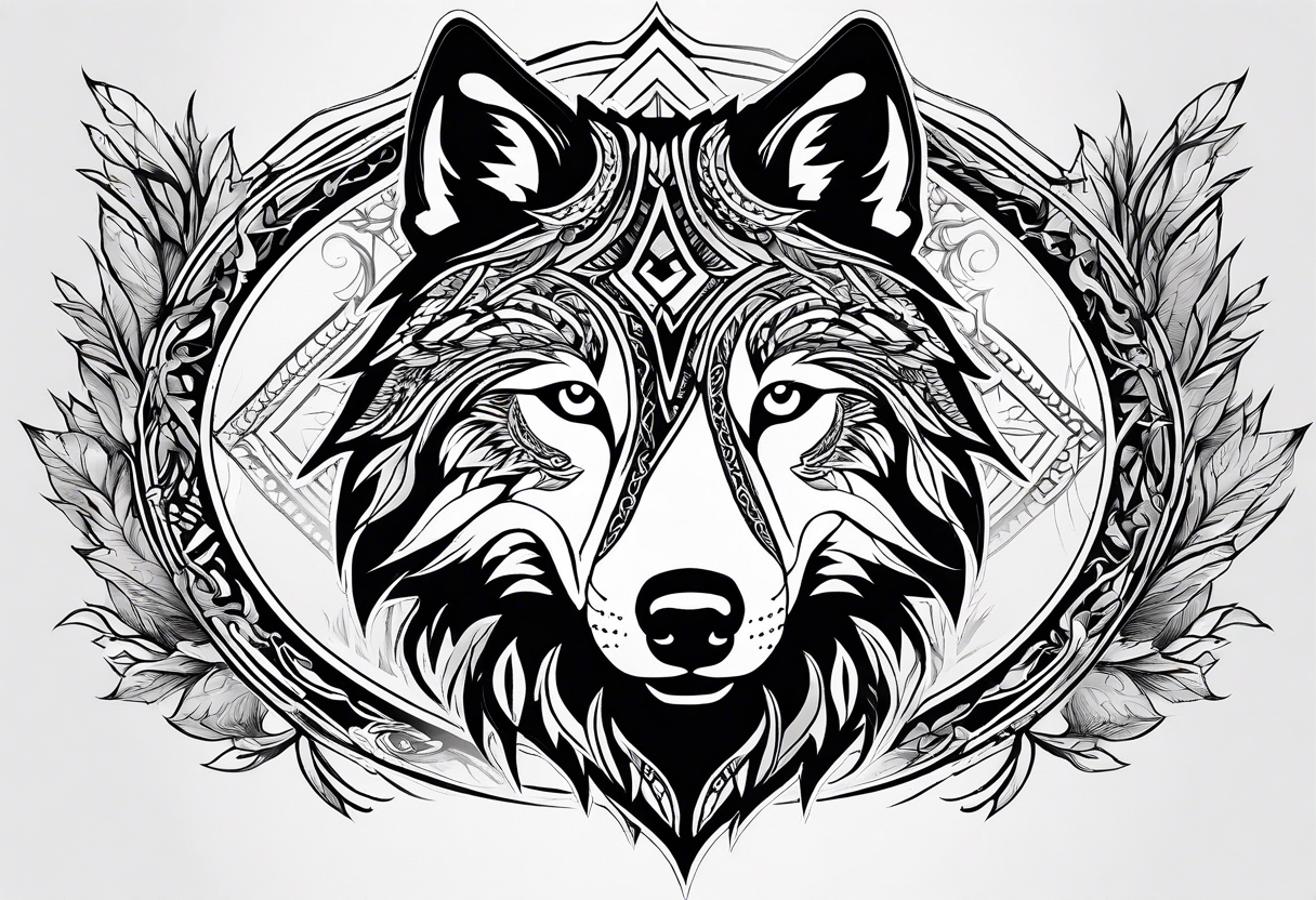 Halbes Gesicht eines Wolfes
Mit Keltischen Zeichen
Im Hintergrund Wald und Berge
Fenrir tattoo idea