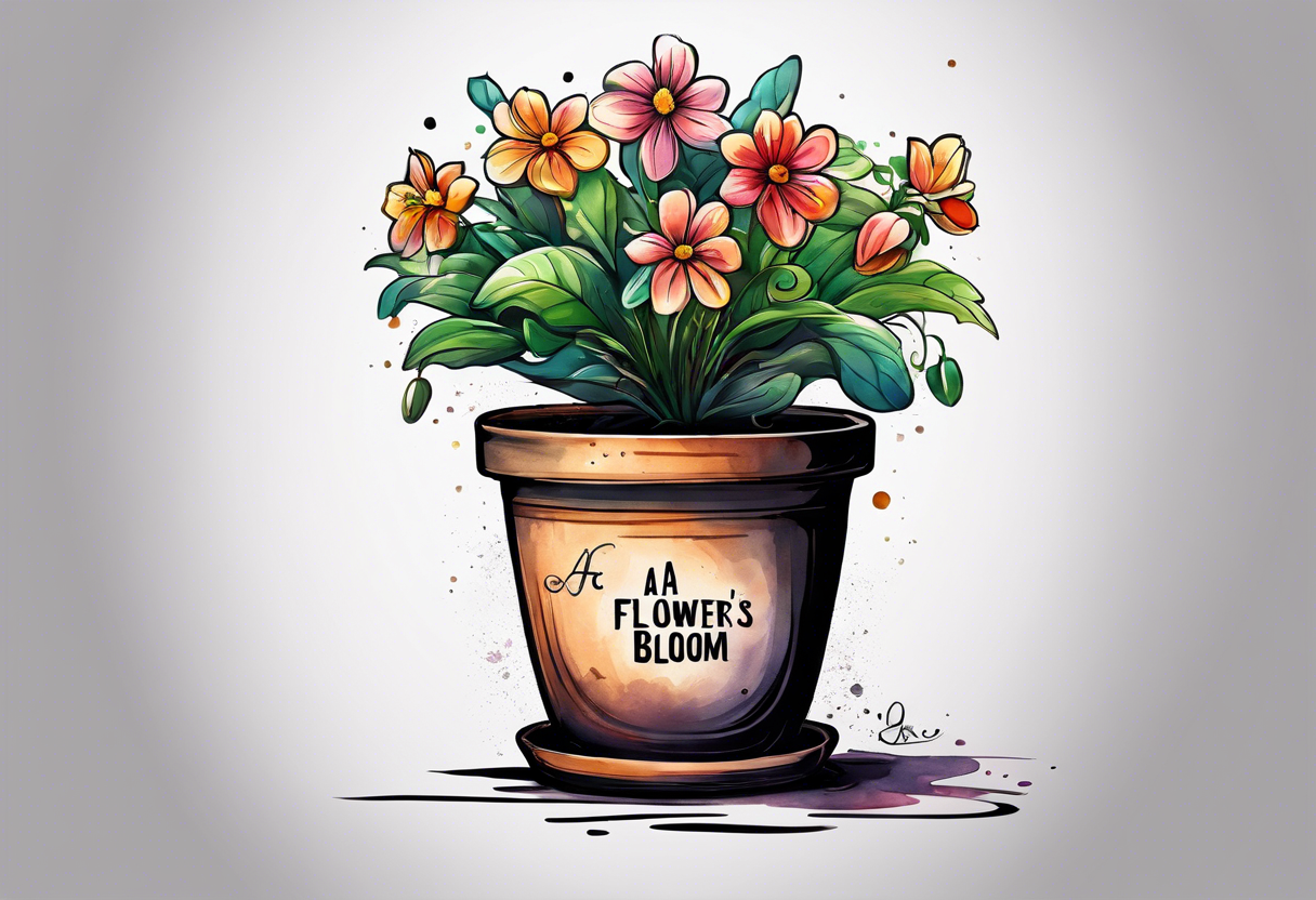 a flowerpot with a small flower coming out of it, just about to bloom. i would like the text, "a flower's gonna bloom real soon" around it tattoo idea