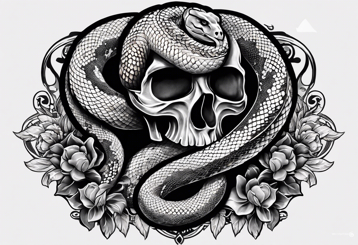 snake sleeve tattoo with skull, snake as focal point, with the word Hydra Gang on it tattoo idea