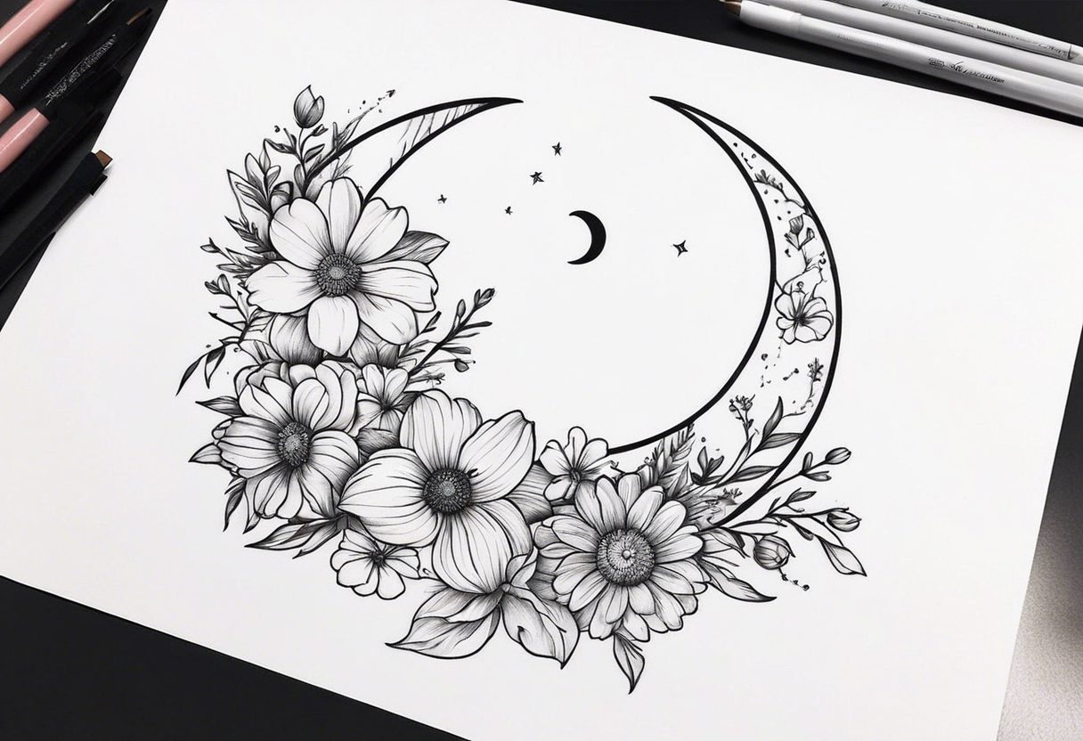 Crescent moon shrouded in pretty flowers tattoo idea