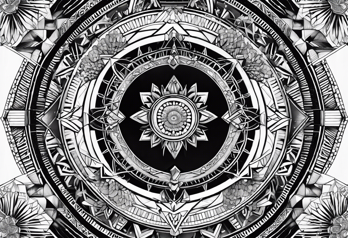 sacred geometry, tropical, egyptian symbols, chakras, black and white with hints of blue tattoo idea