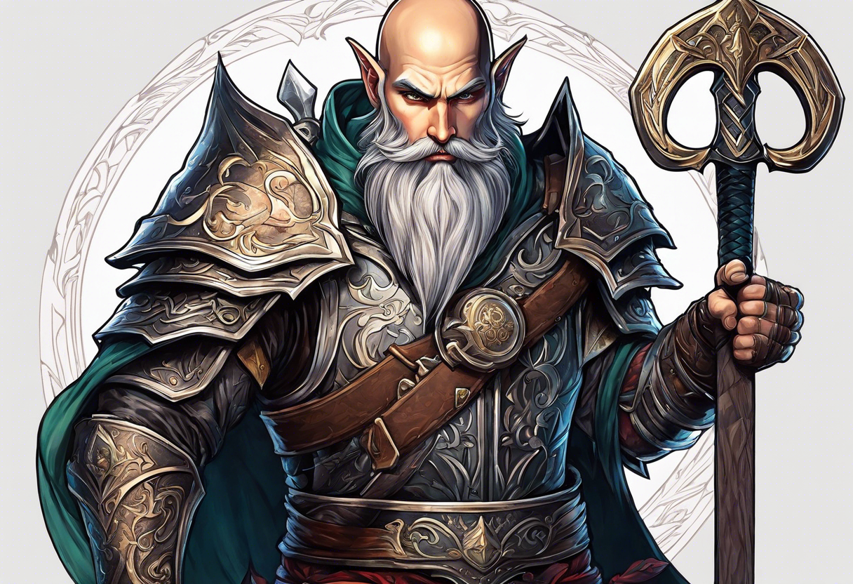 a full-body picture of a 30-year-old, human elf, bearded bald male, paladin, holding a battle axe, tattoo idea