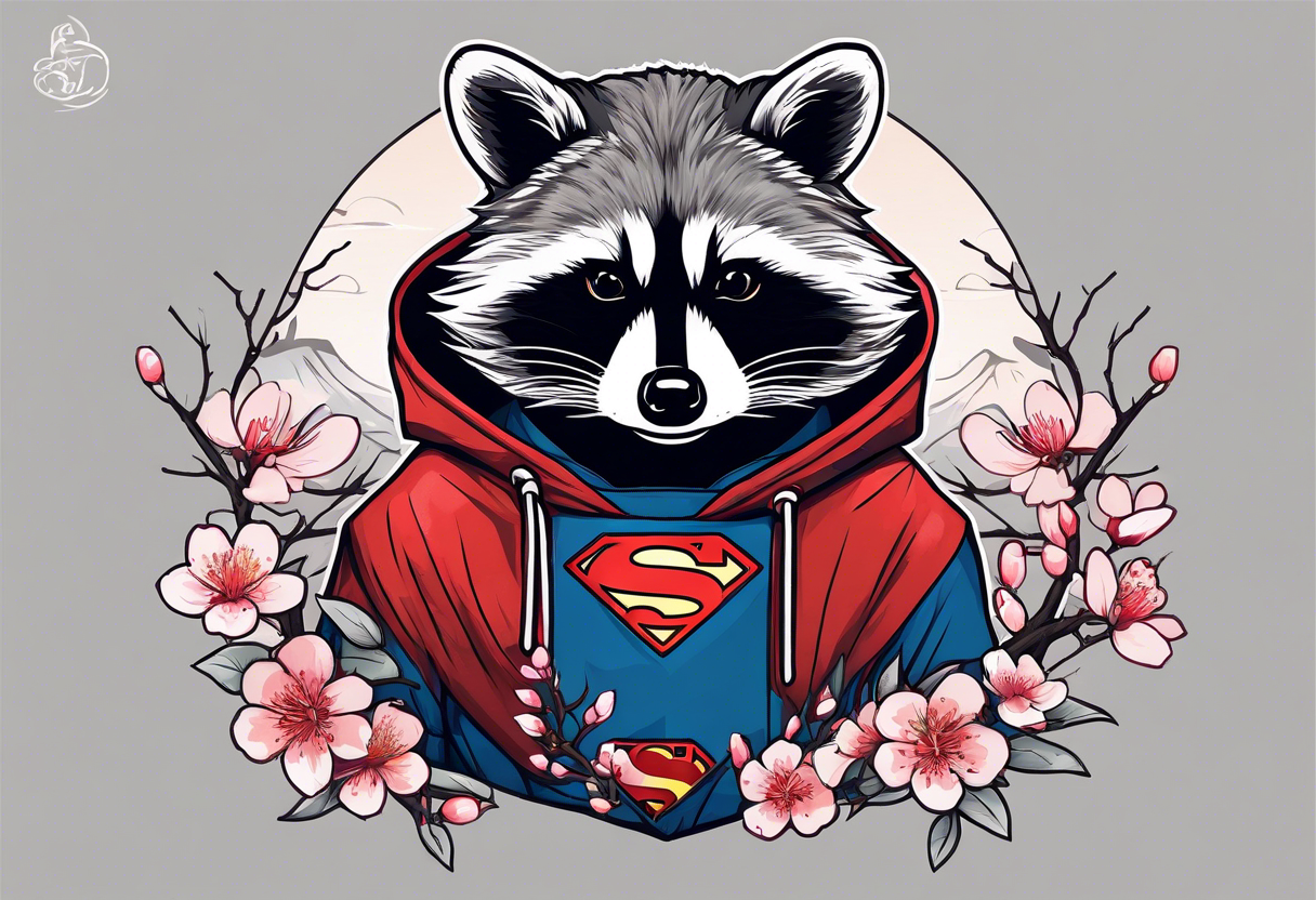 Raccoon wearing a Superman hoodie and Japanese cherry blossoms tattoo idea