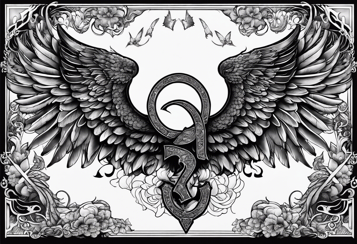 the number 13 with one angel wing and one demon wing, with the karma symbol tattoo idea