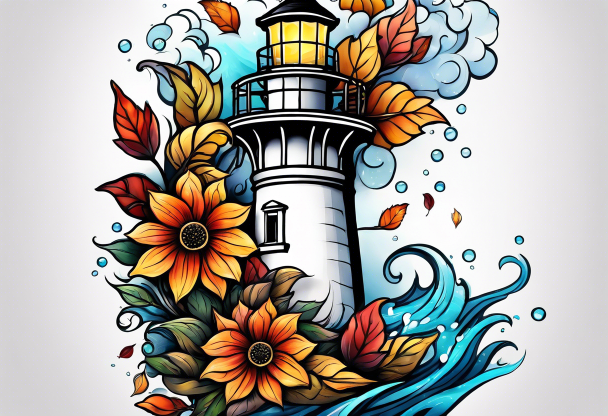 Arm sleeve with fall colors, various flowers, water flow, water splash, light house tattoo idea