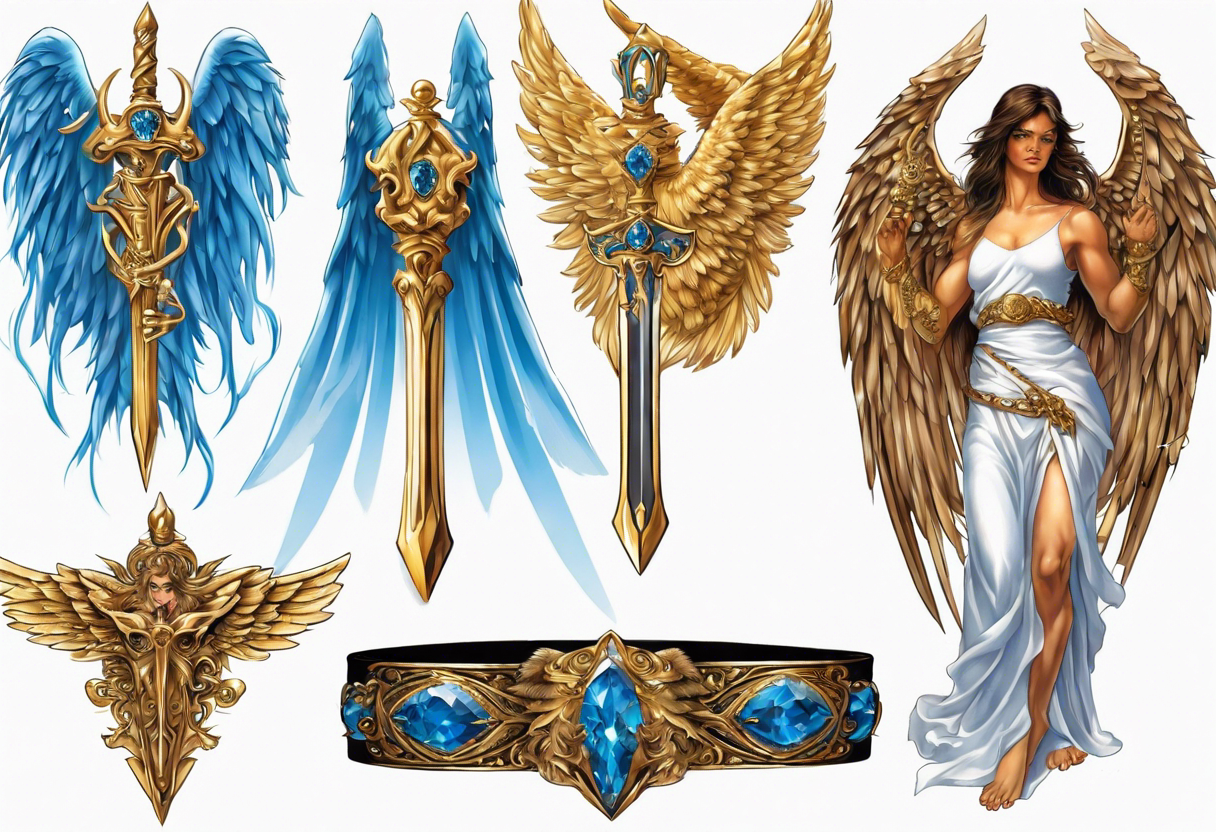 Bright Gold jewelry
Bronze wrist bands
Winged Angel
Sword
Muscle
Blue
Diamonds
Leather
White robe tattoo idea