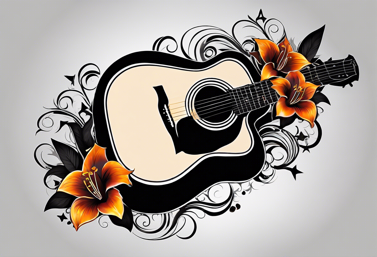 flat basic black acoustic guitar, entire guitar, wrapped with lilies around the neck, with a simple black star on the guitar body. meant for the inside of a woman's bicep tattoo idea