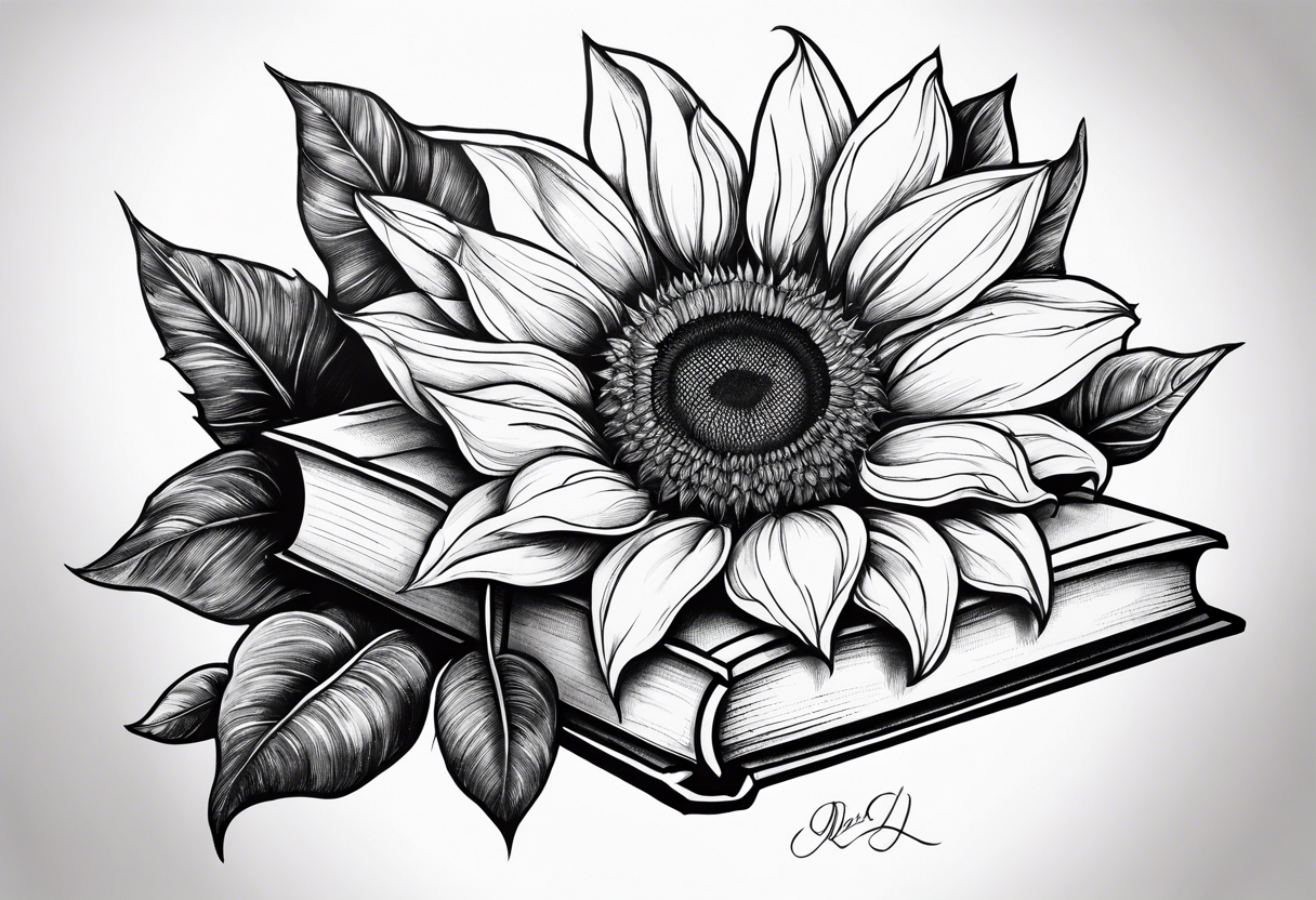 Sunflower, book, flower rose  bleu tattoo idea