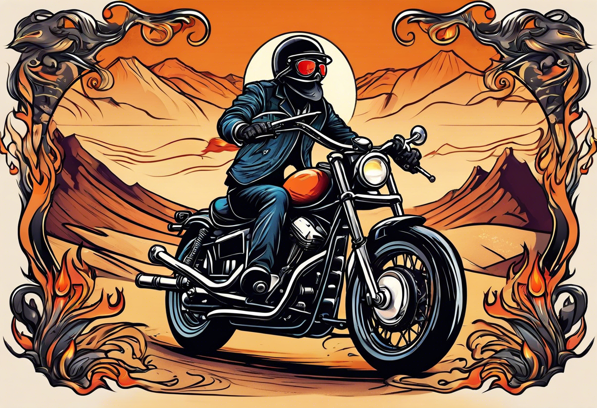 A single eyeball with arms & legs & a mustache riding a motorcycle with flames coming out the pipes. The rider should be face on and there should be a desert scene in the background tattoo idea