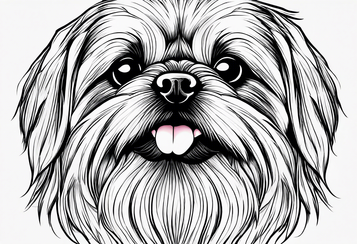 The most minimalist drawing of a pekingese with shih tzu dog's face. He has big eyes and a crooked smile. Do it like Picasso tattoo idea