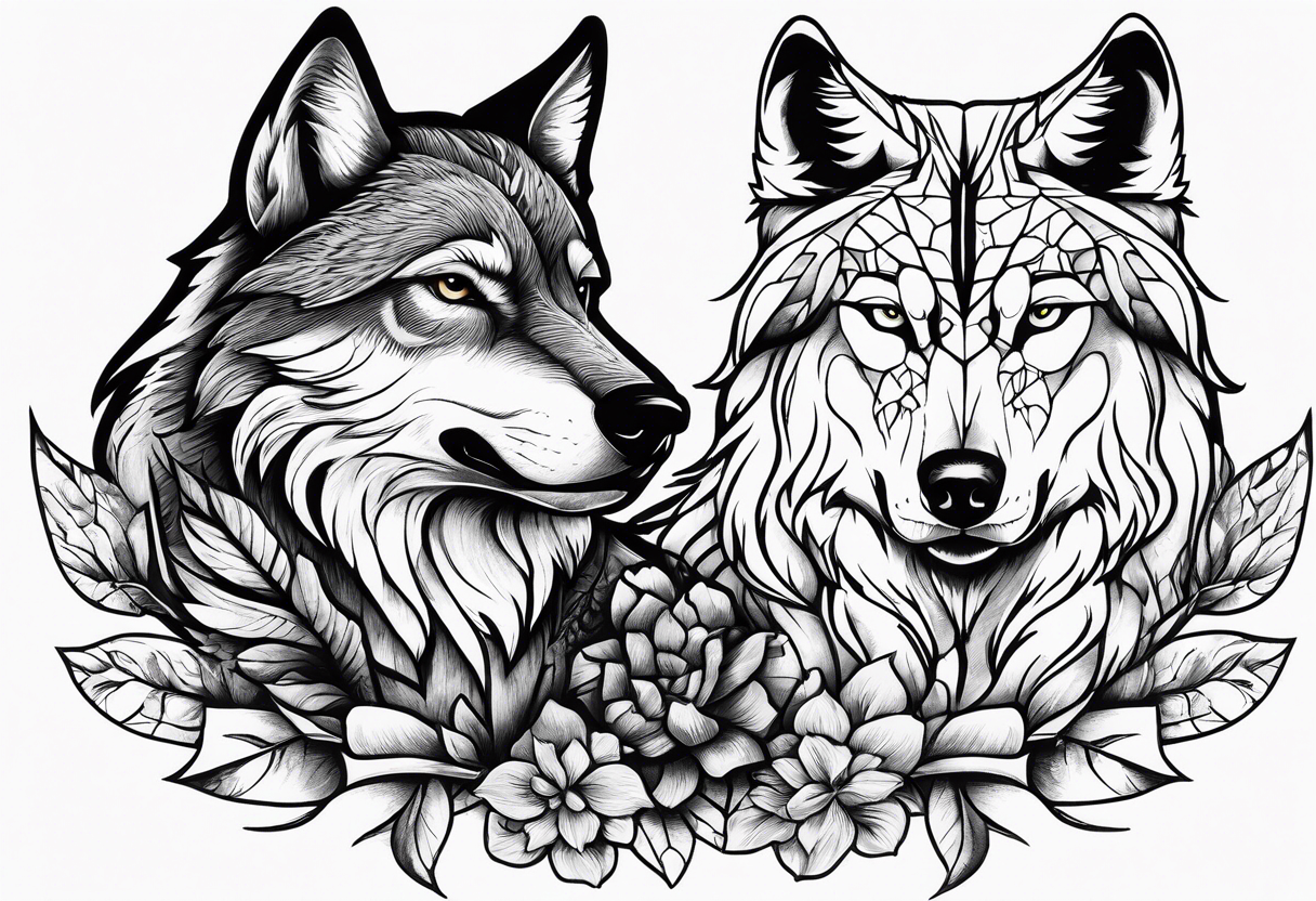 Hawk and a Wolf, Nature Scenery, and names Grayson, Bennett, Layden, Xavian, Amelia, Braxton tattoo idea