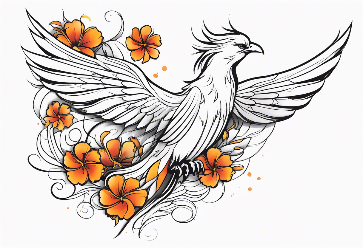 elongated phoenix in profile with claws holding flowers falling tattoo idea