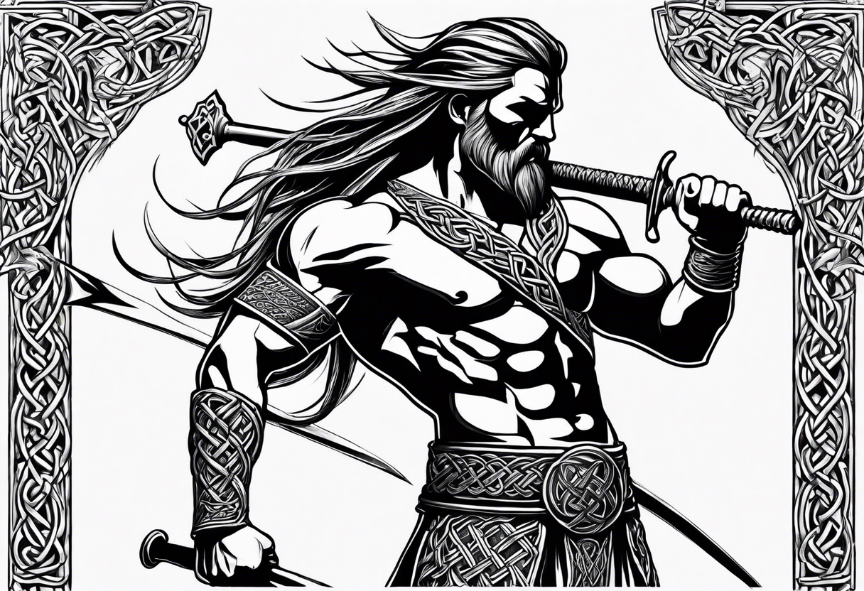 Full body side profile of Celtic warrior with weapons unsheathed tattoo idea