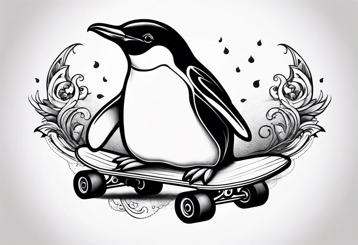 Fat penguin riding a skateboard upside down tattoo idea