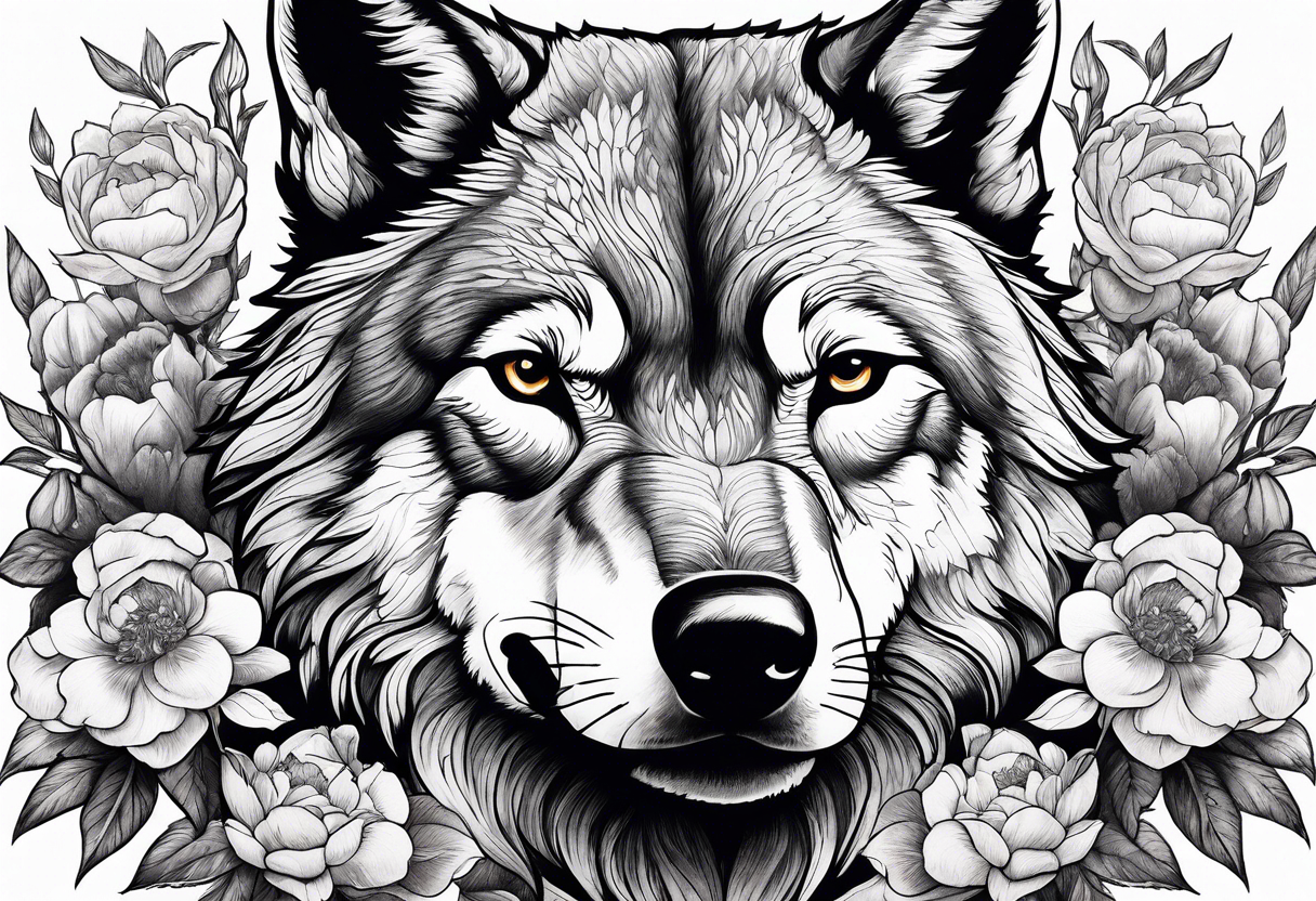 Woodland scene of wolf fighting with peonies and smoke tattoo idea