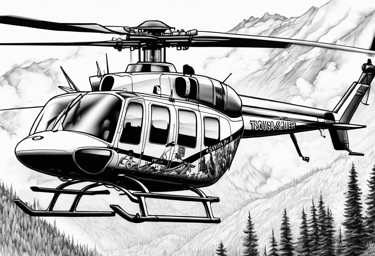 a bell 407 helicopter with the name "T. Sousa" on it, with multiple other helicopters below it, over a wildfire, with the pilot wearing night vision goggles. tattoo idea