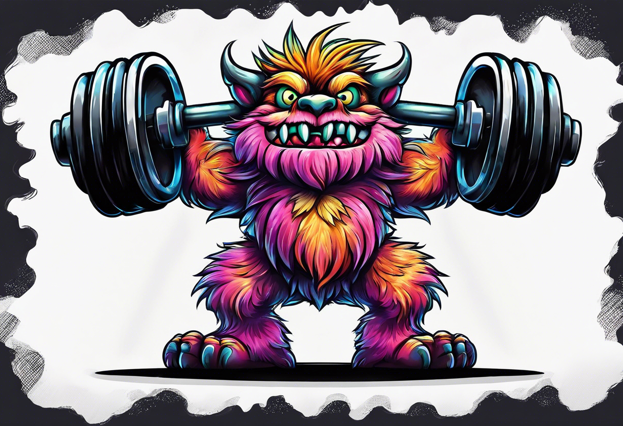 Strong old fuzzy monster lifting dumbells tattoo idea