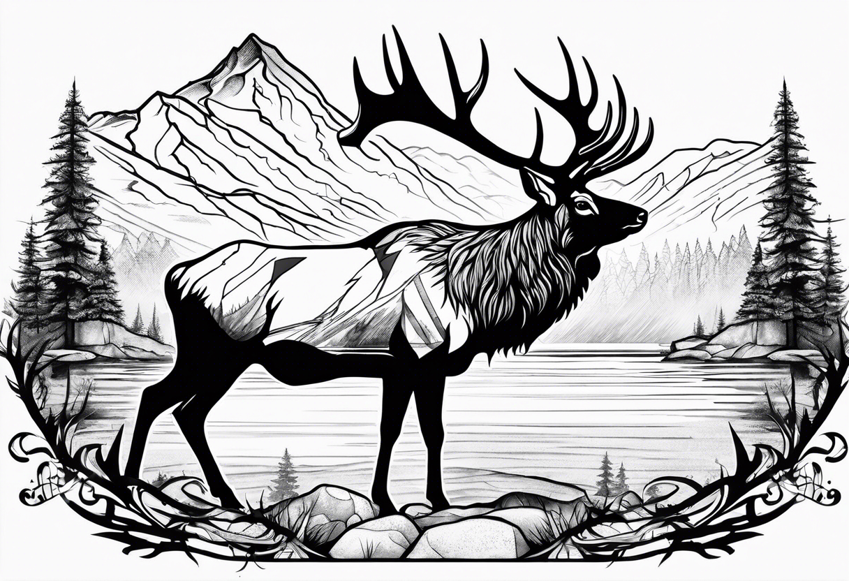 elk with mountains and lake tattoo idea