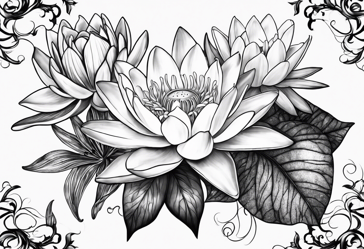 Water lilies and larkspur bouquet tattoo idea