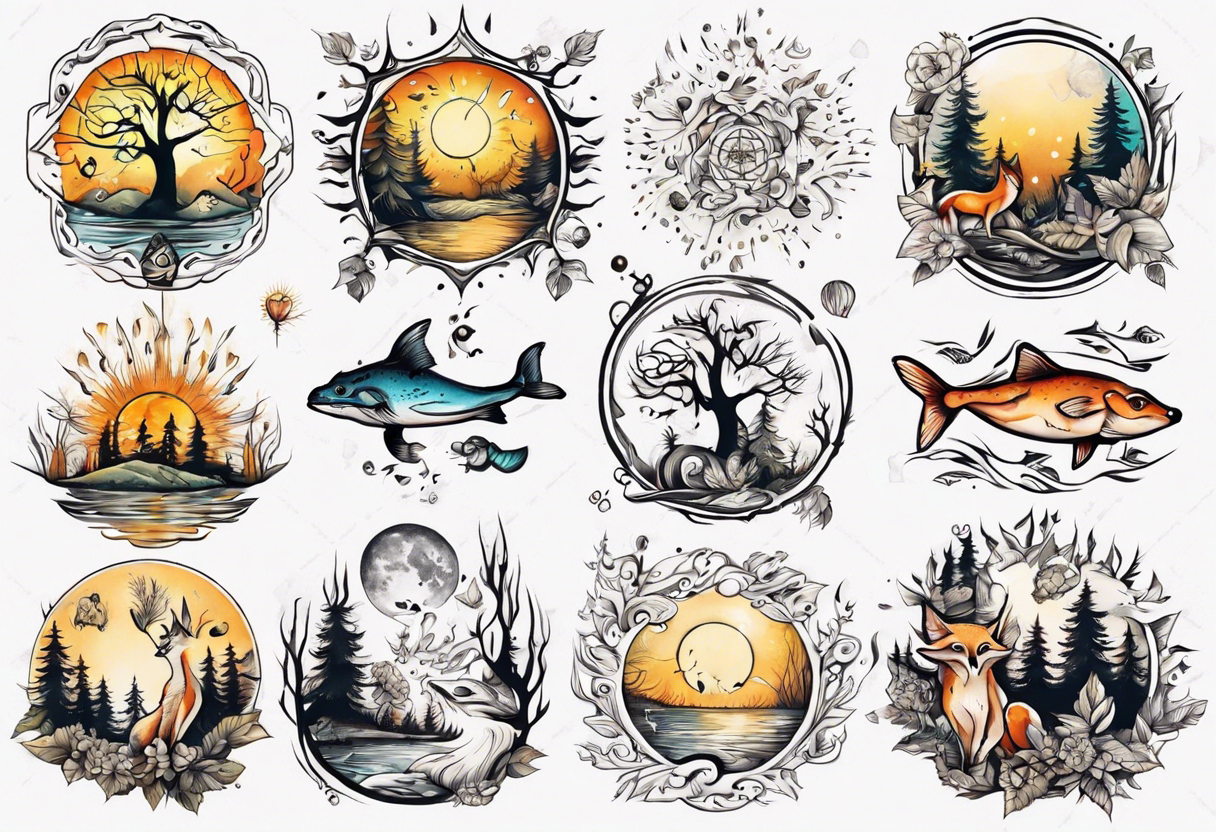 sonne, eule  wald, fuchs 
baum, sapere aude, Wasser, fisch tattoo idea