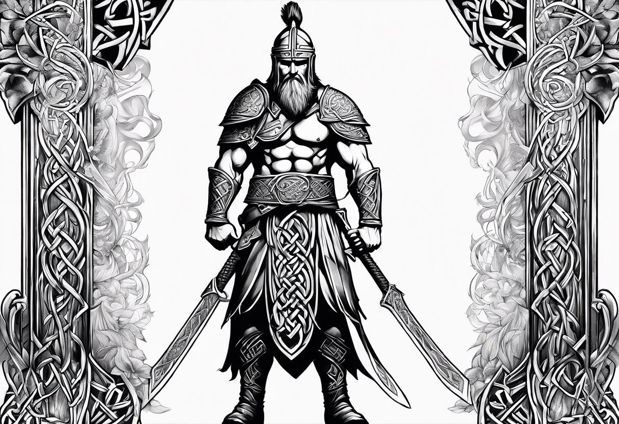 Full body side profile of Celtic warrior with weapons unsheathed tattoo idea