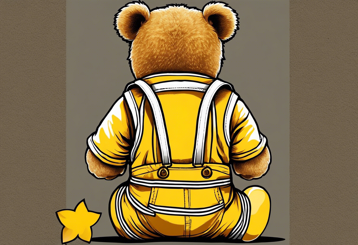 image of the back of a light brown teddy bear standing in yellow overalls, striped tank top and wearing boots tattoo idea