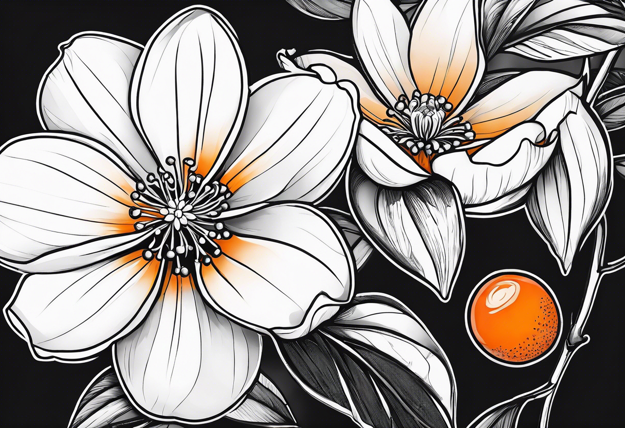 A single orange blossom next to a single orange slice. Simple line art tattoo idea