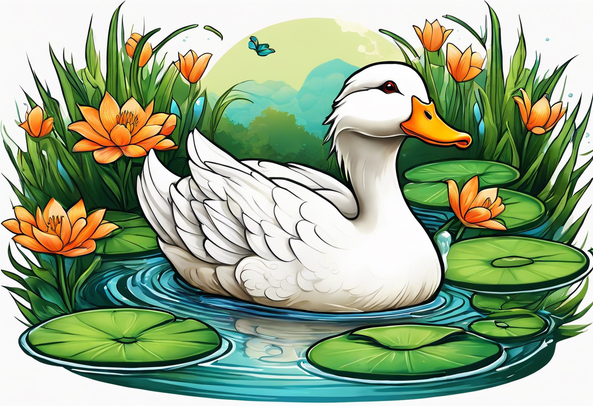 A white Duck with orange feet and a green toad playing together in a pond tattoo idea