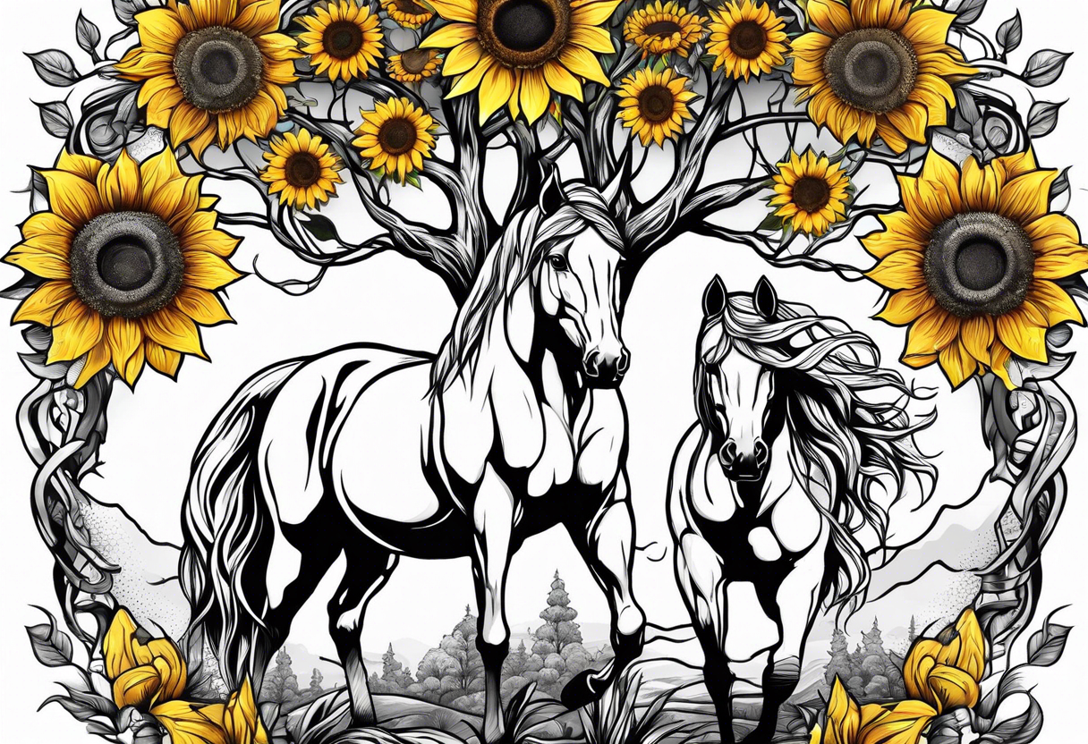 Yggdrasil tree, horse in front of it, and sunflowers tattoo idea