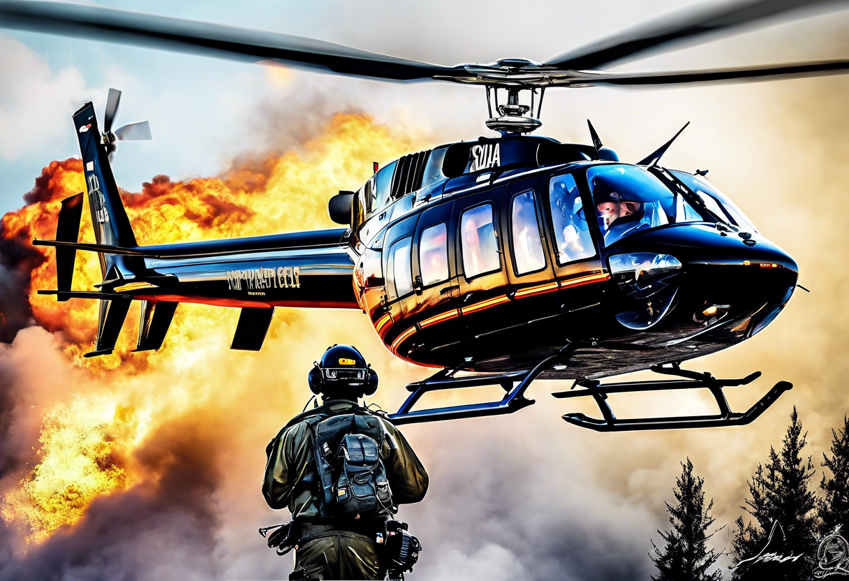 a bell 407 helicopter with the name "T. Sousa" on it, fighting a fire, with the pilot wearing night vision goggles. tattoo idea