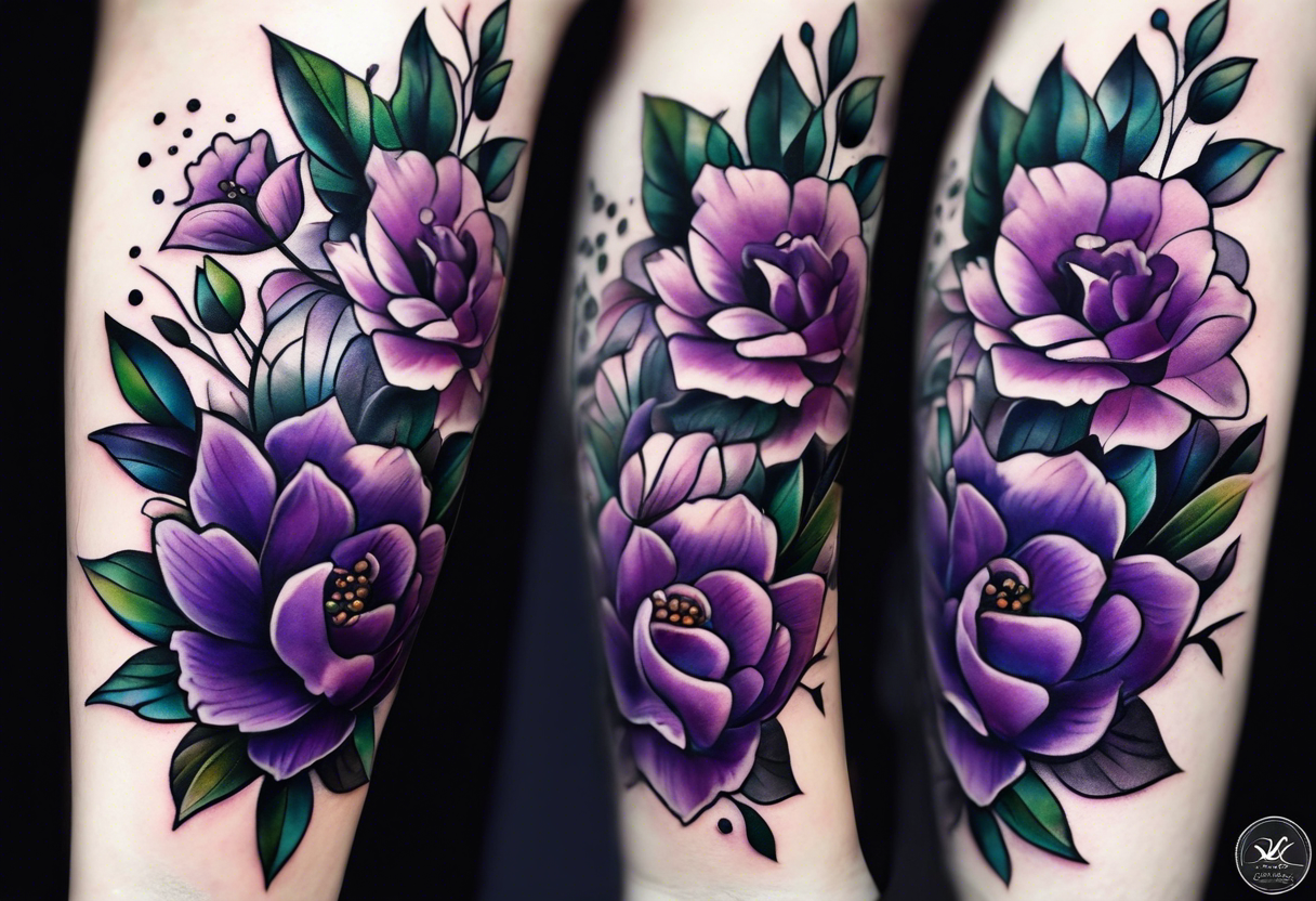 Forearm tattoo with purple flowers to always remember my grandma that passed away with heaven things added like clouds and stairs. tattoo idea