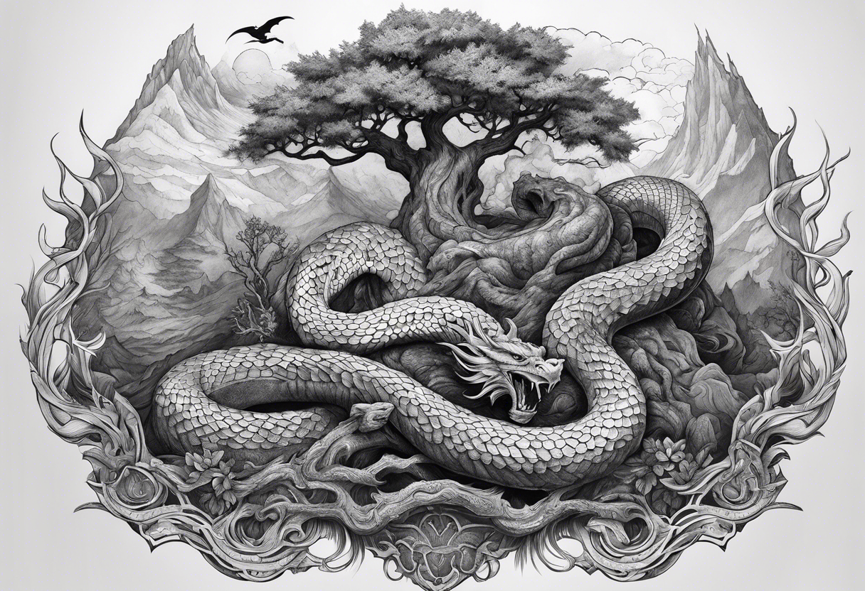 Norse mythology, ultra detail, realistic, nidhogg, serpent,  world tree, tattoo idea