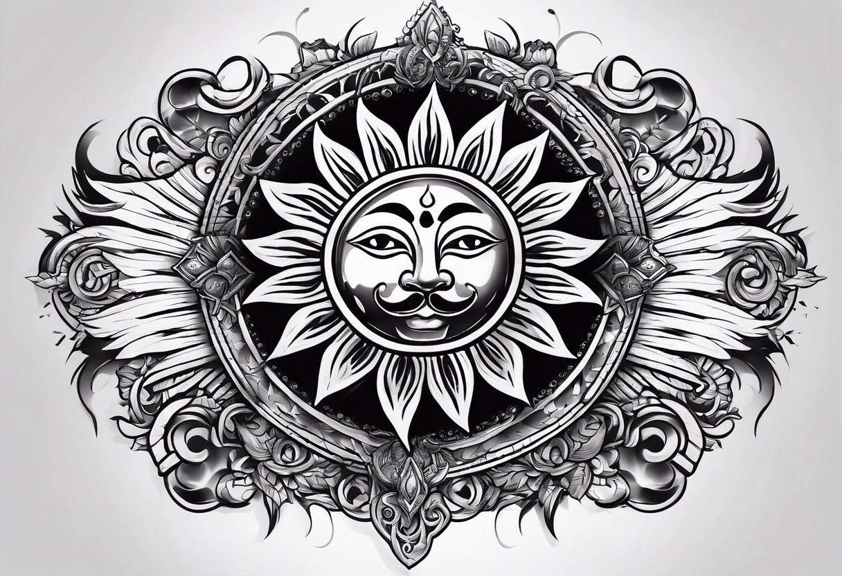 protective shield with a sun with hair tattoo idea