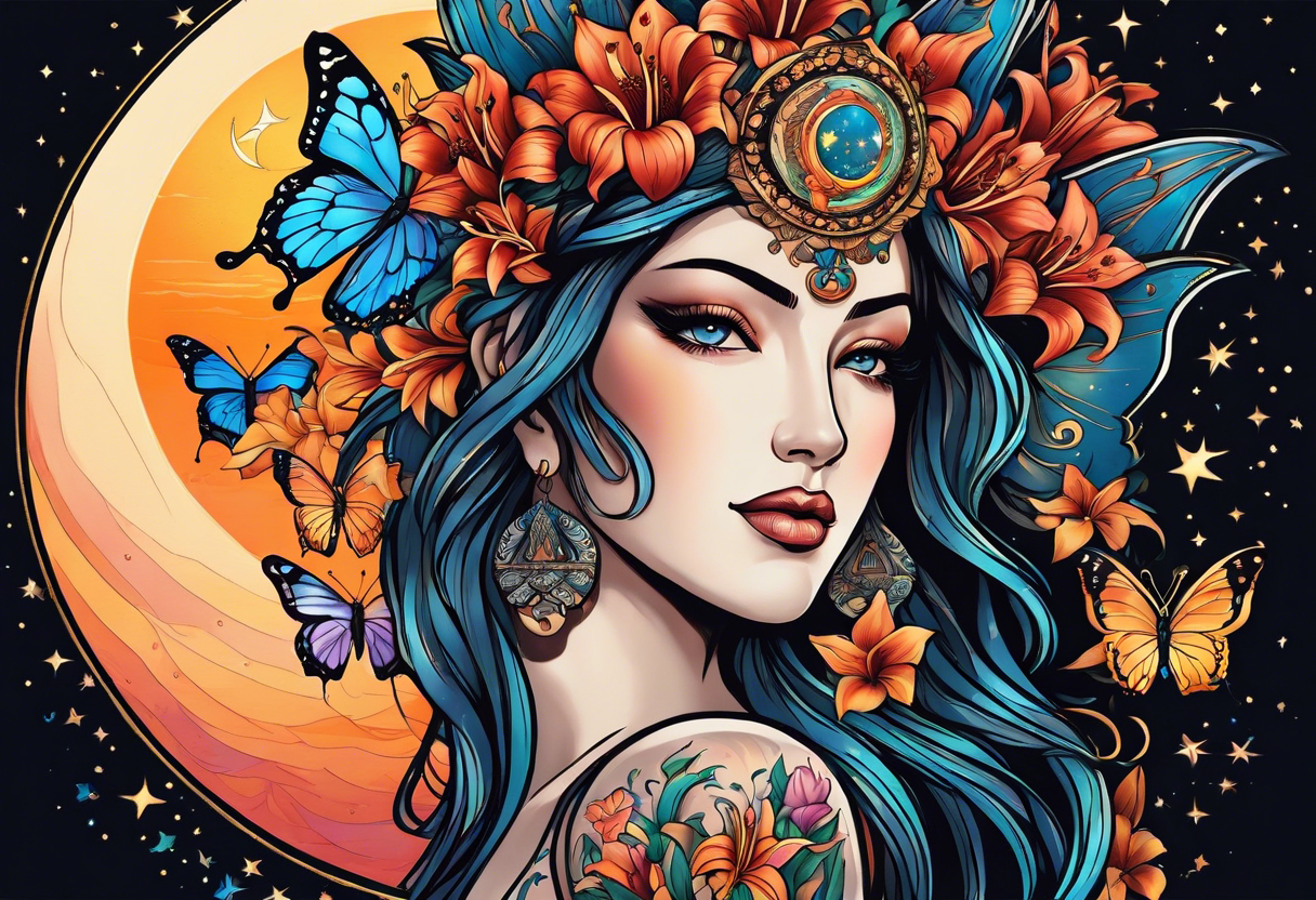 Forward-facing, portrait full length of creation goddess standing upright.  Butterflies. Lillies at feet. Arms raised and hands cupped towards sky. Sun, moon and stars in background tattoo idea