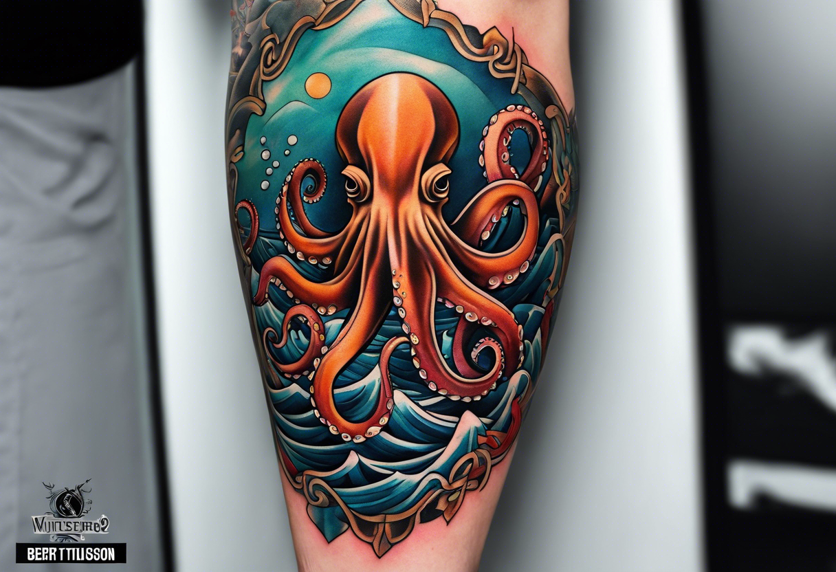 Full sleeve arm tattoo with octopus and sea scene tattoo idea