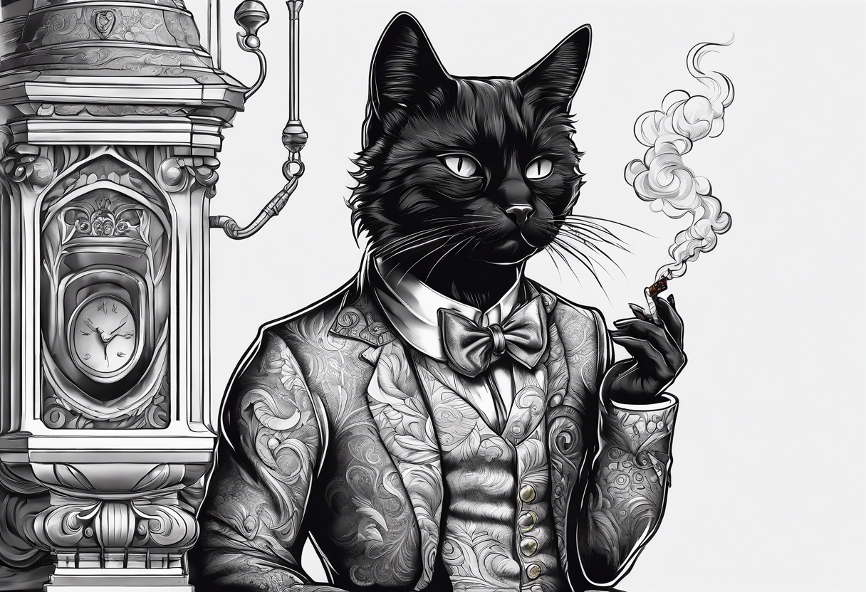 A black cat smoking a joint and realizing Reality is just a human construct and it doesnt exist. tattoo idea