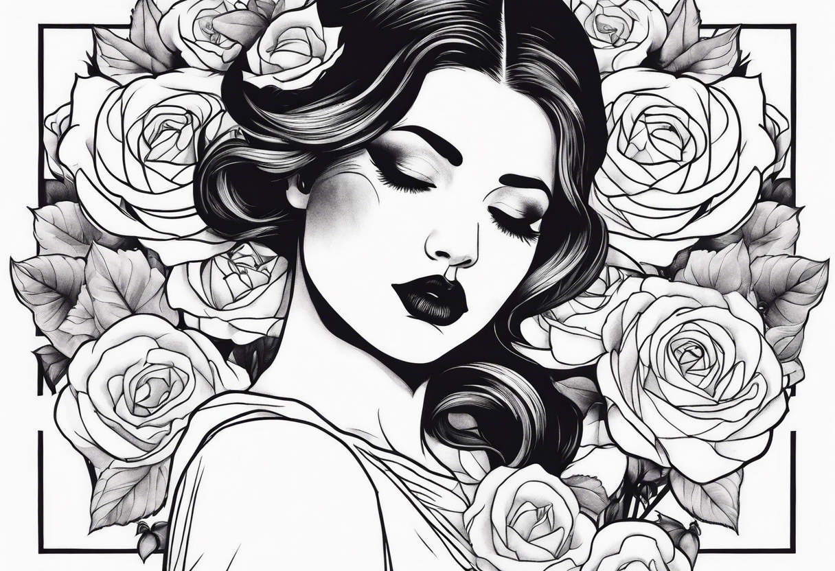 mime girl in white dress surrounded by roses tattoo idea