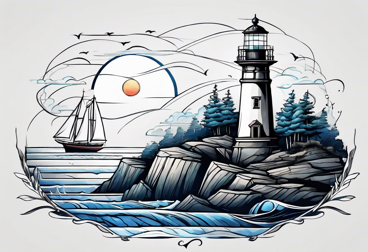 maritime lighthouse partially hidden by its large fixed sail. calm sea reflection. tattoo idea