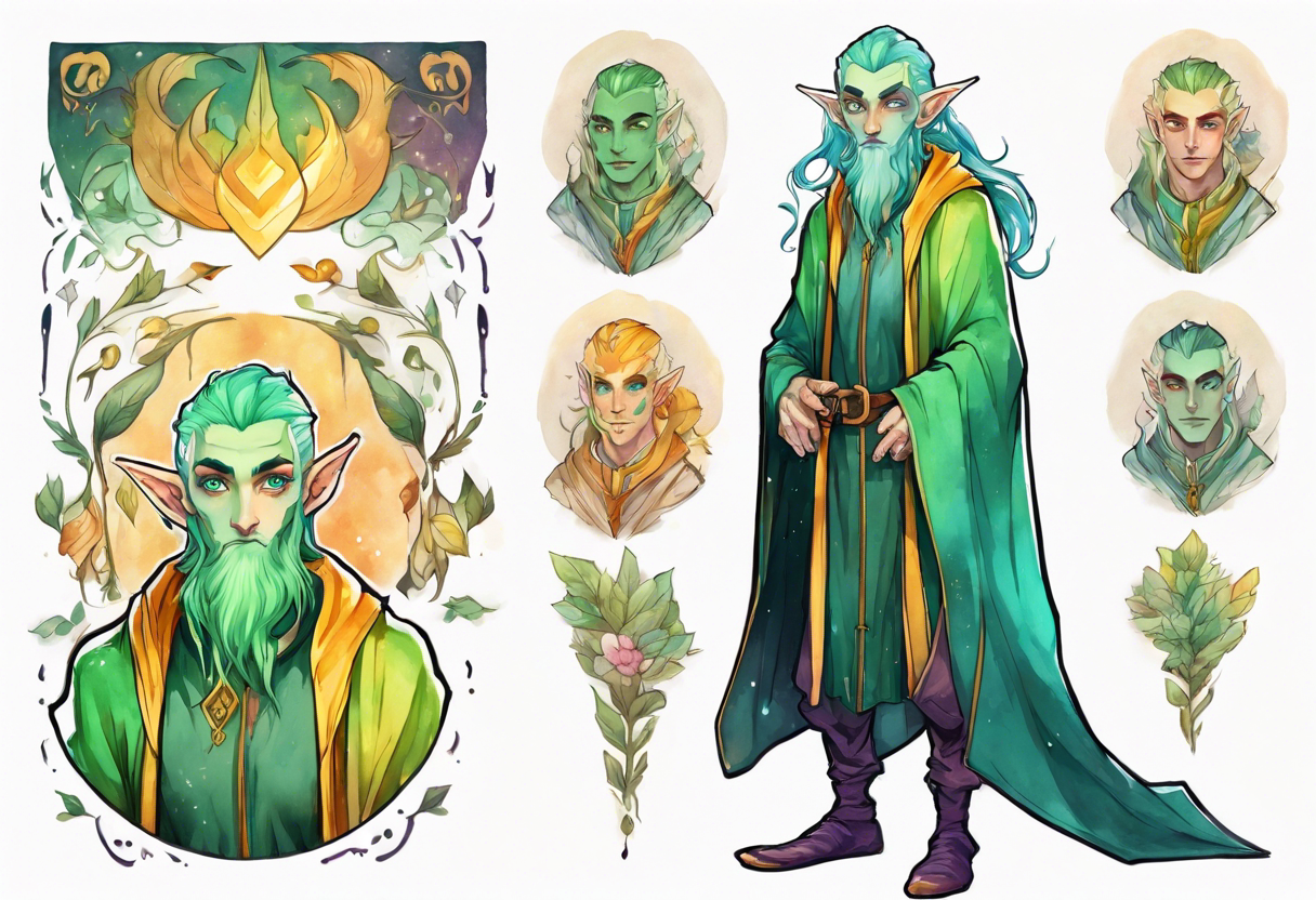 A tall, slender, beautiful elf male with green skin, He is tall and slender, with pale green skin, long rainbow hair, and a gold and green beard. Amber colored eyes. Wearing a teal monastic robe. tattoo idea