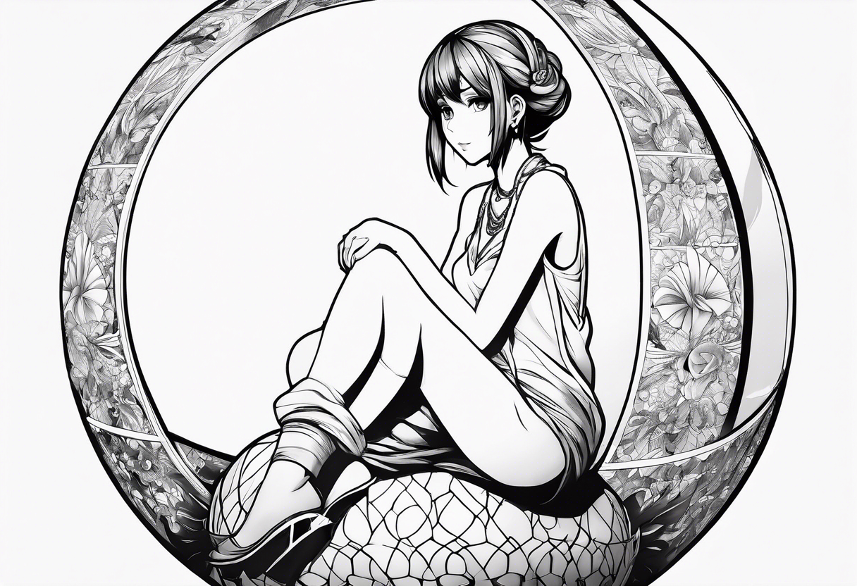 an anime girl sitting on a small sphere, staring front tattoo idea