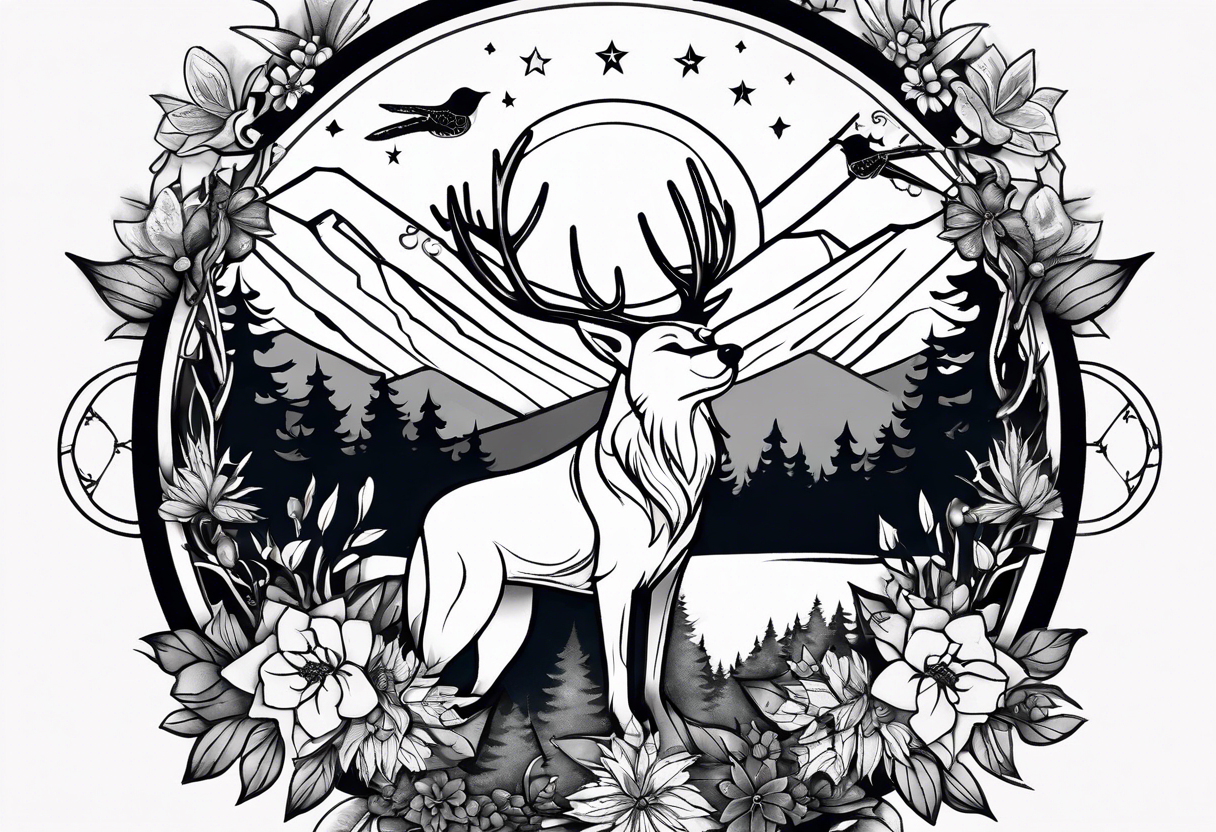 Stars, antlers, dogs, wolf, mountains, flowers, plants, dragonfly, dream catcher, birds
Design for my forearm and fist 
Nothing big or centered tattoo idea