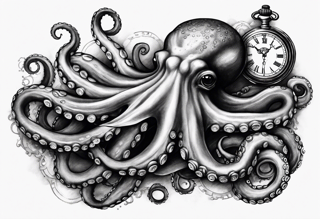 Octopus over an old pocket watch with his tentacles, in a natural pose tattoo idea