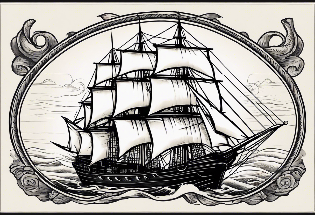 sailing ship in rough seas, front porfile, in oval with rope border, super imposed over crossed cannons, banner at bottom that says US Navy tattoo idea