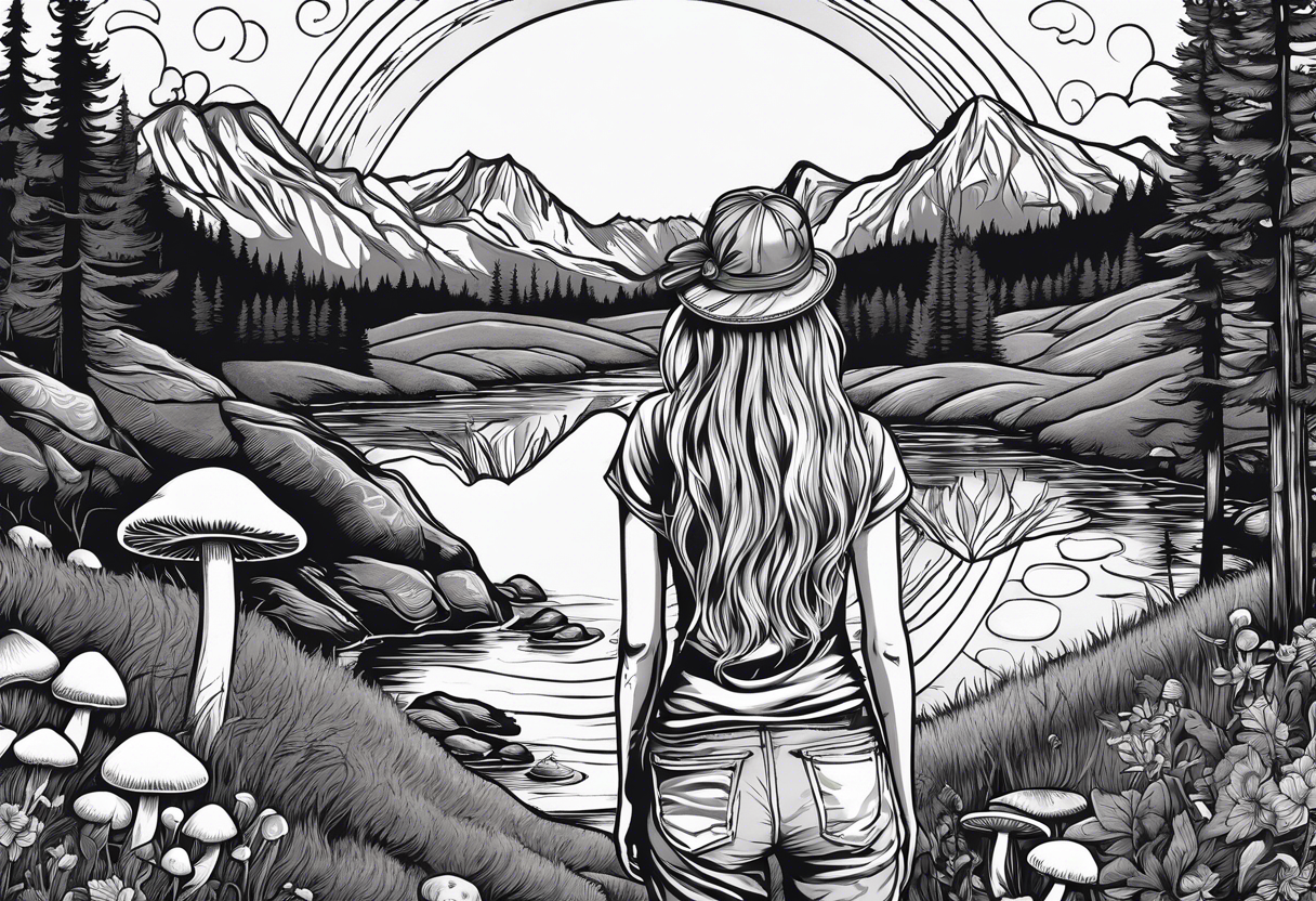 Straight long blonde hair hippie girl in distance holding mushrooms in hand facing away toward mountains and creek surrounded by mushrooms tee shirt and hiking pants

Entire picture within a circle tattoo idea