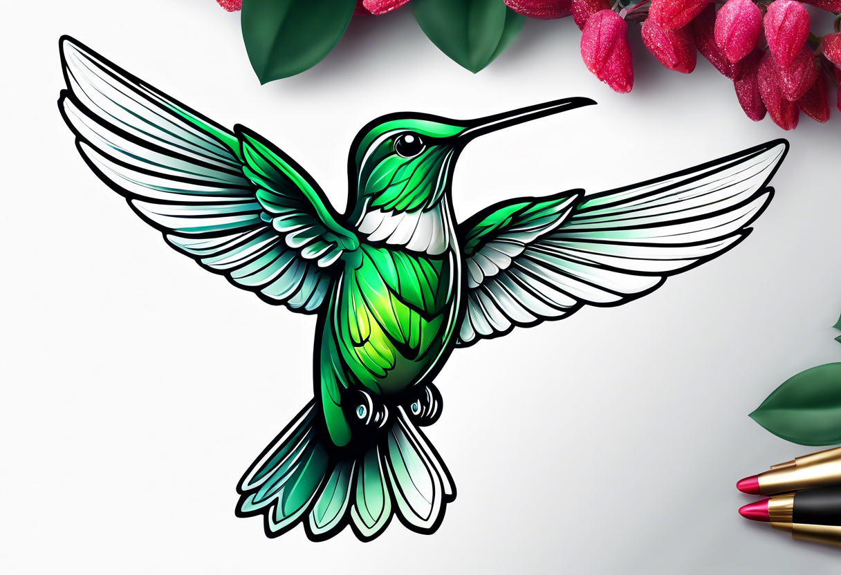 green hummingbird very small in flight ready to drink tattoo idea