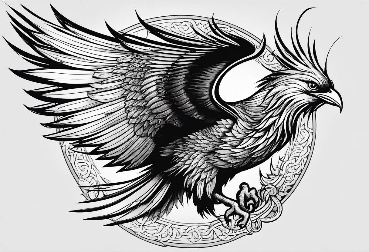 Phoenix, chinese, realistic, long tail, elegant, wings closed long neck,  long feathers, in flight, graceful, tattoo idea | TattoosAI