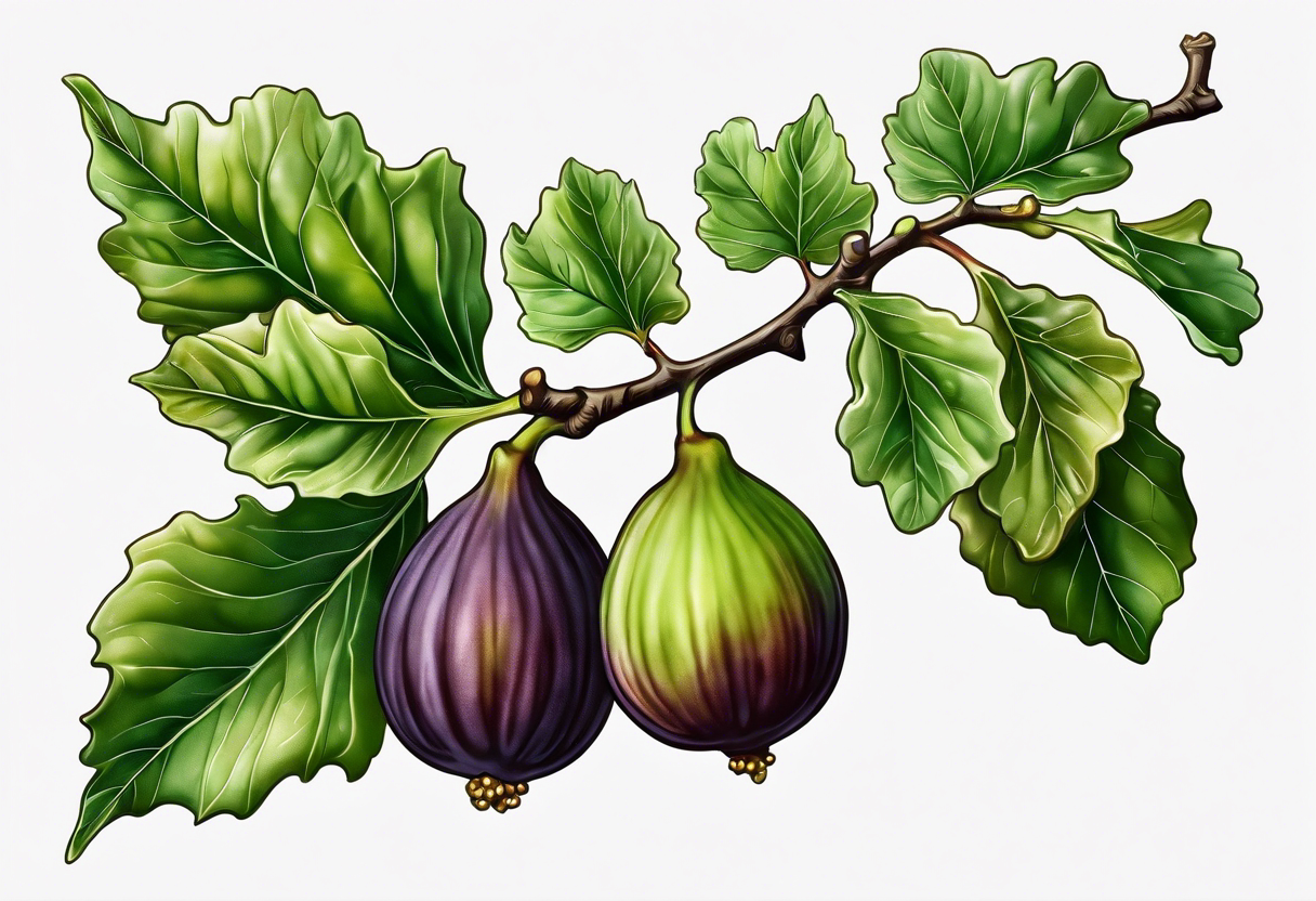 A fig branch with 3 greenish-brown fruits and multiple lobed fig leaves tattoo idea