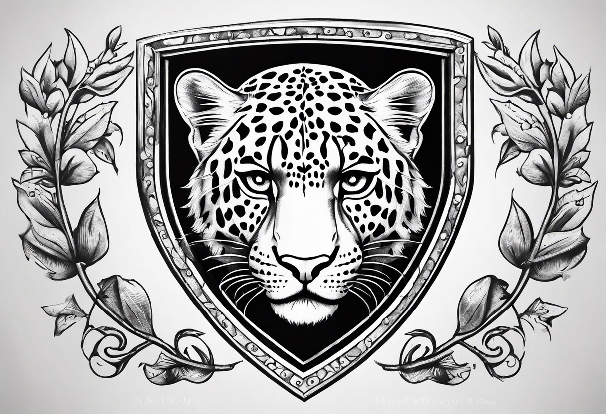 A shield with small leopar head as shield's emblem. The shield would be hang on a ivy planted wall tattoo idea