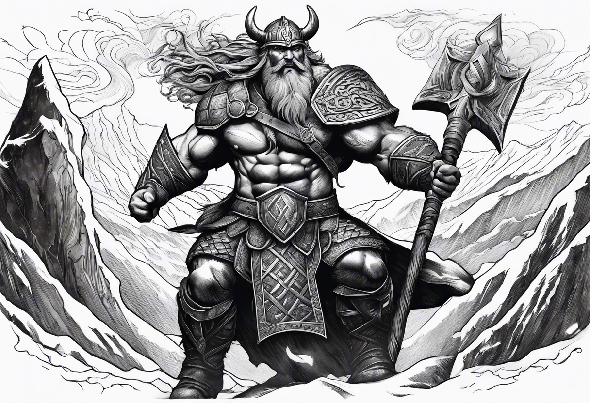 Norse mythology, ultra realism, Viking, war, battle, storm, chaos,  detailed, ragnarok, mountains, frost giant tattoo idea