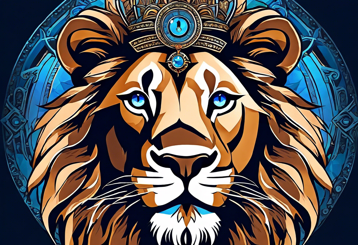 face of a lion with a third eye. Left eye blue, right eye brown. The third eye on the forehead is abstract. Around the muzzle there is a compass bezel tattoo idea